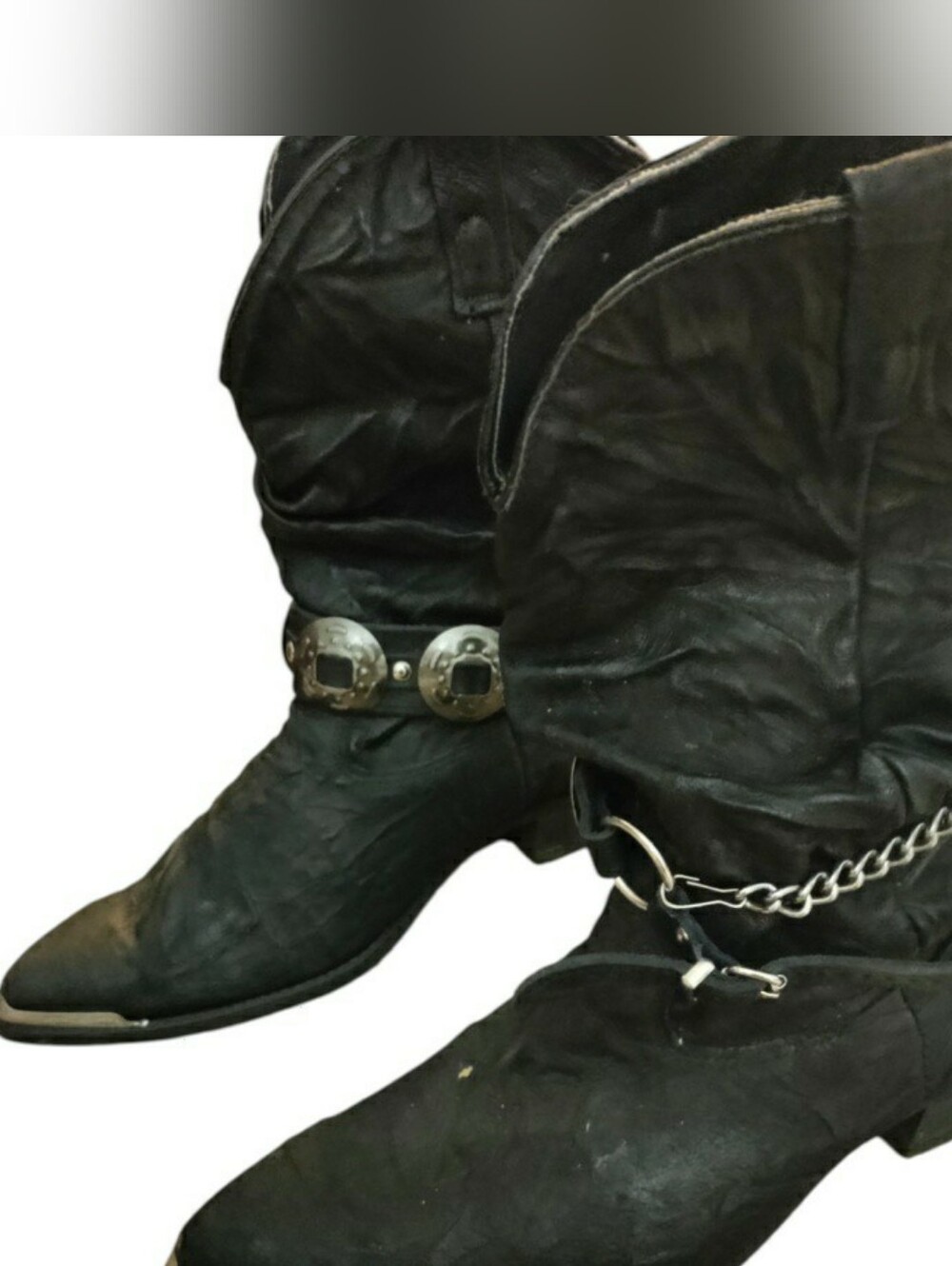 Vintage Dingo Slouch Leather Cowboy Boots Concho Harness Metal Western